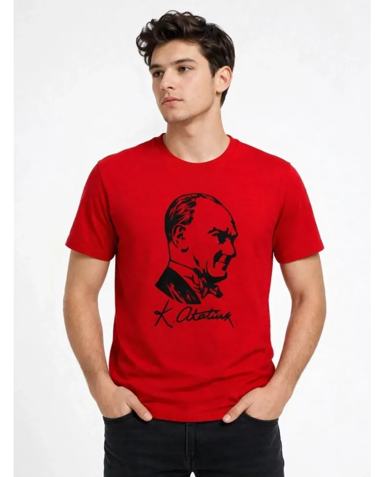 Erkek Atatürk Baskılı Tişört Kısa Kollu Bisiklet Yaka T-Shirt - Kırmızı