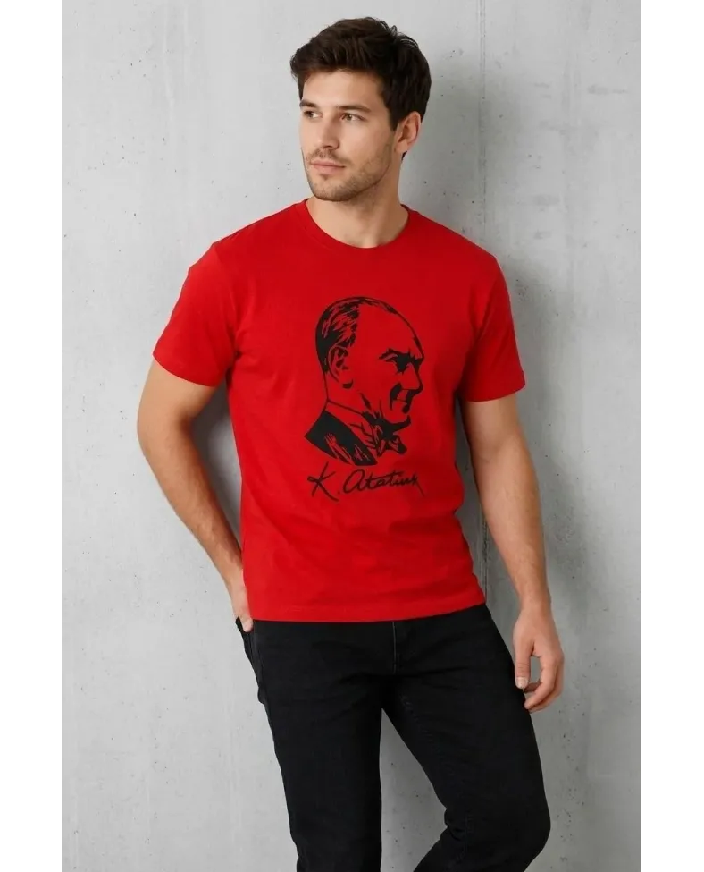 Erkek Atatürk Baskılı Tişört Kısa Kollu Bisiklet Yaka T-Shirt - Kırmızı