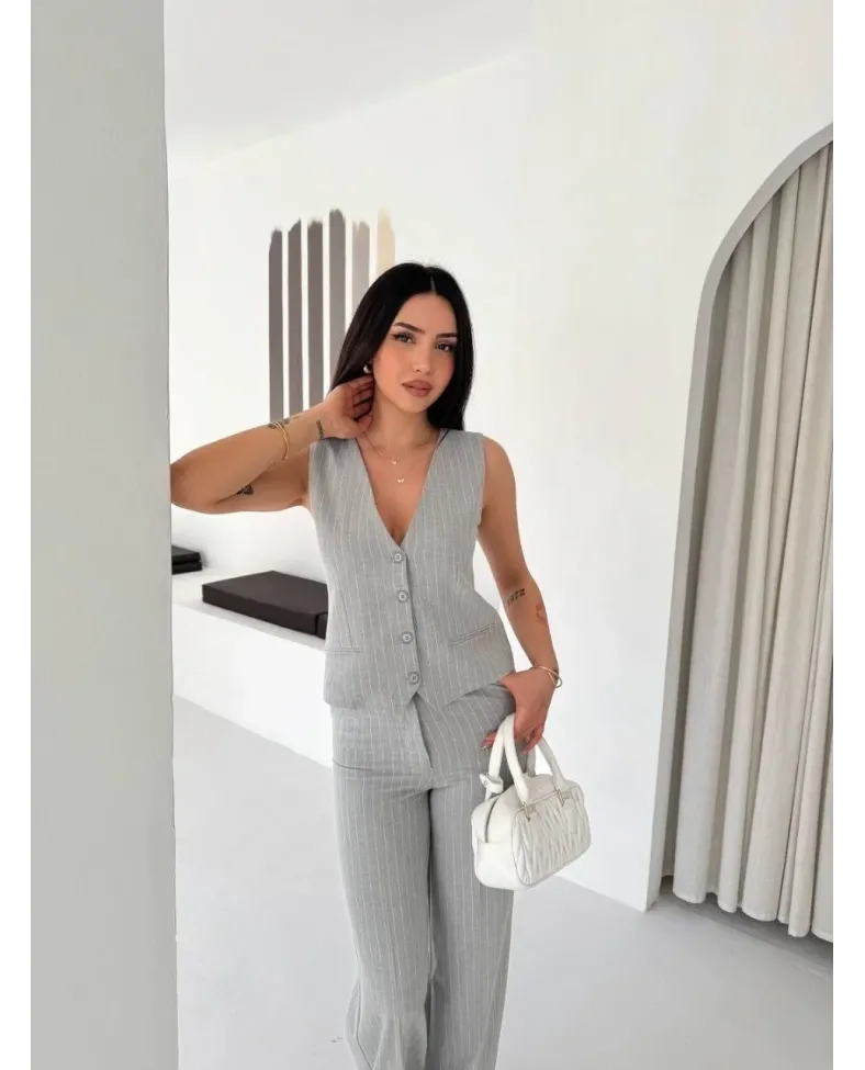 Kadın Çizgili Tansel Kumaş Yelek Pantolon İkili Takım Ofis Şık Modern - Gri