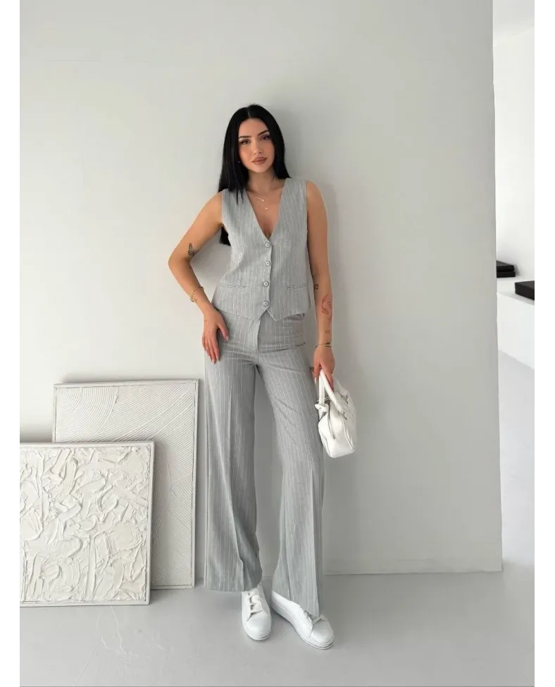 Kadın Çizgili Tansel Kumaş Yelek Pantolon İkili Takım Ofis Şık Modern - Gri