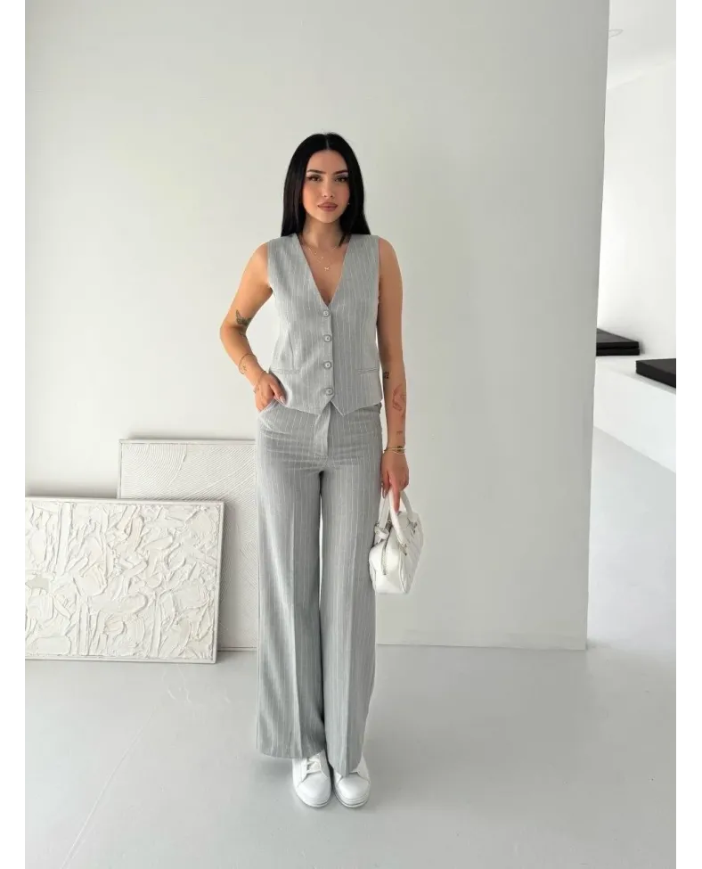 Kadın Çizgili Tansel Kumaş Yelek Pantolon İkili Takım Ofis Şık Modern - Gri