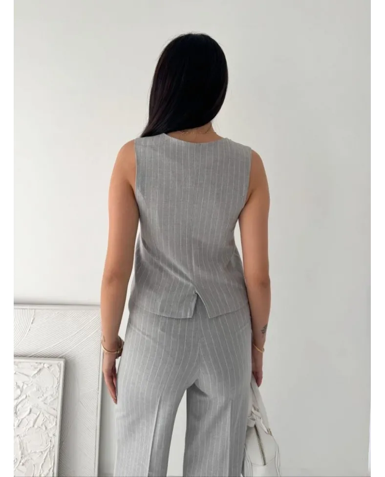 Kadın Çizgili Tansel Kumaş Yelek Pantolon İkili Takım Ofis Şık Modern - Gri