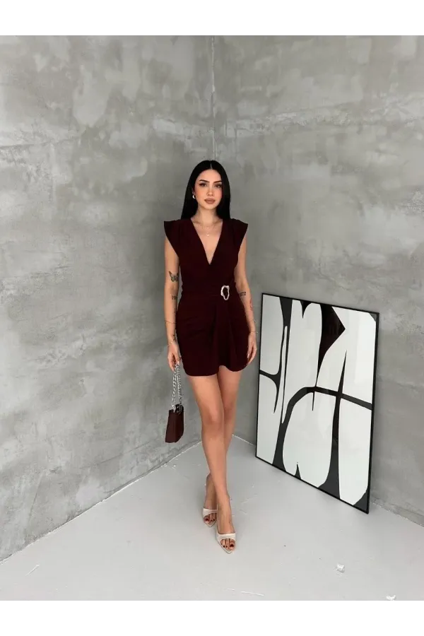 Kadın Kruvaze Drapeli Tokalı Mini Elbise Şık Gece Davet Abiye - Kahverengi