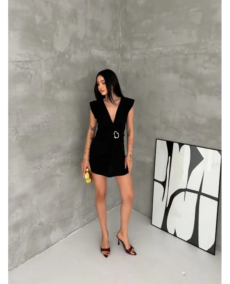 Kadın Kruvaze Drapeli Tokalı Mini Elbise Şık Gece Davet Abiye - Siyah