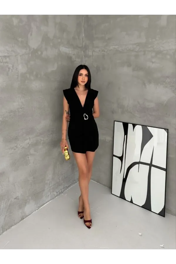 Kadın Kruvaze Drapeli Tokalı Mini Elbise Şık Gece Davet Abiye - Siyah