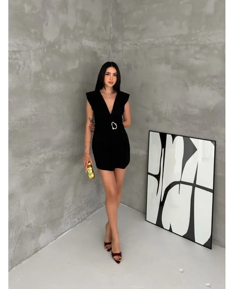 Kadın Kruvaze Drapeli Tokalı Mini Elbise Şık Gece Davet Abiye - Siyah