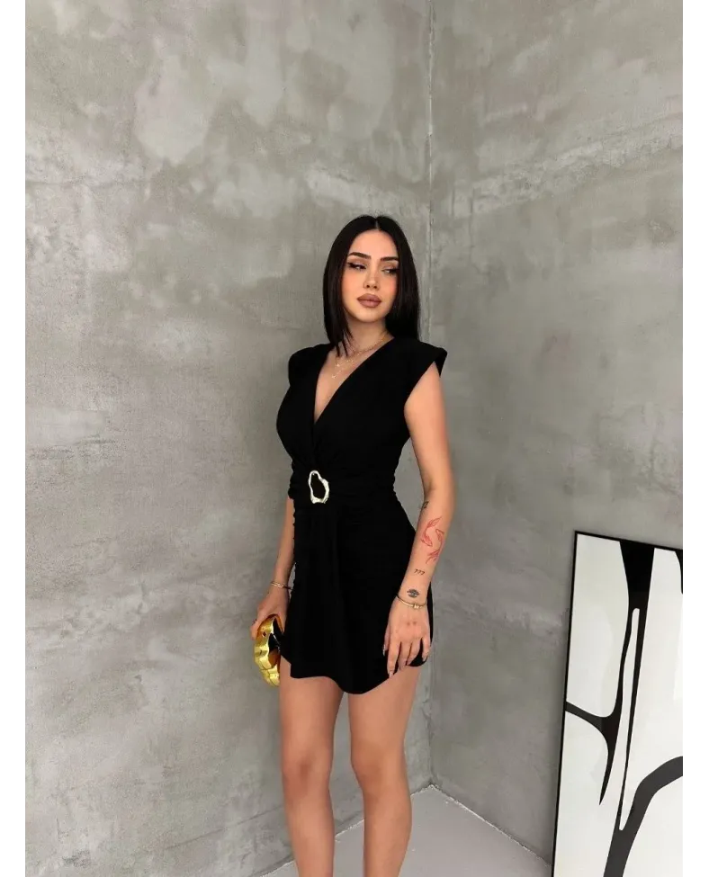 Kadın Kruvaze Drapeli Tokalı Mini Elbise Şık Gece Davet Abiye - Siyah