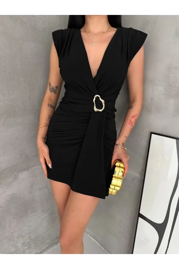 Kadın Kruvaze Drapeli Tokalı Mini Elbise Şık Gece Davet Abiye - Siyah