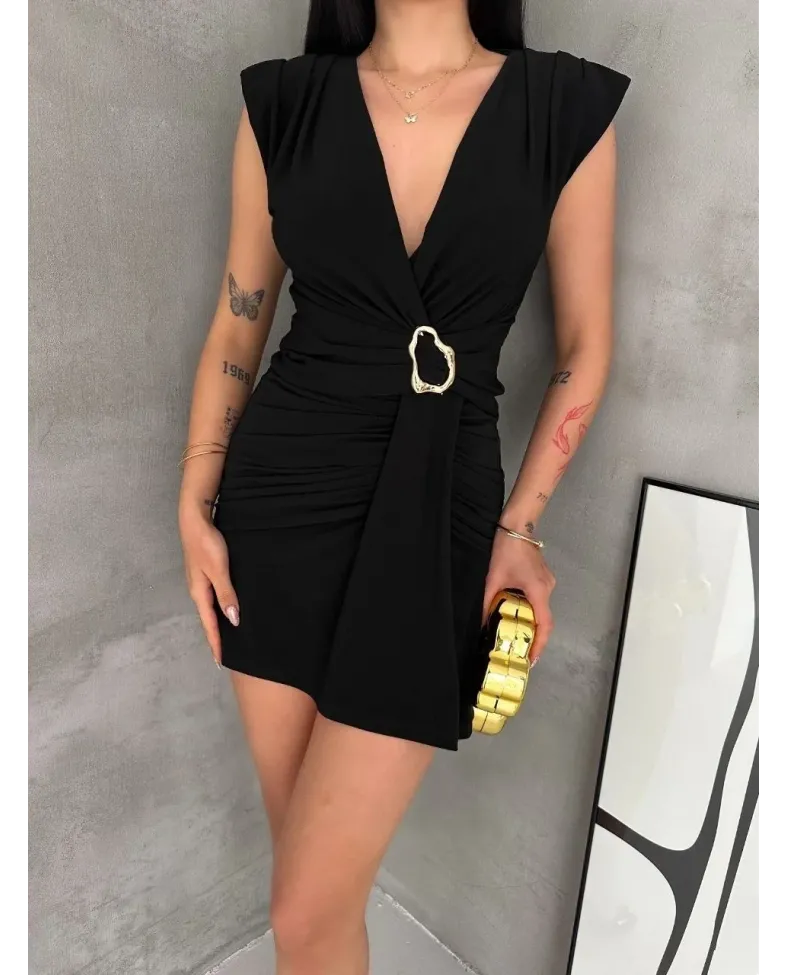 Kadın Kruvaze Drapeli Tokalı Mini Elbise Şık Gece Davet Abiye - Siyah