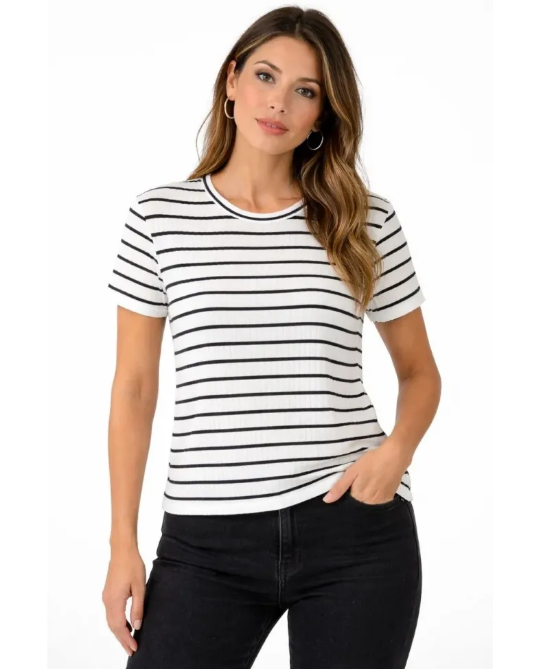 Kadın Çizgili Yazlık Triko T-Shirt Bisiklet Yaka Rahat Kalıp Tişört - Beyaz