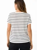 Kadın Çizgili Yazlık Triko T-Shirt Bisiklet Yaka Rahat Kalıp Tişört - Beyaz