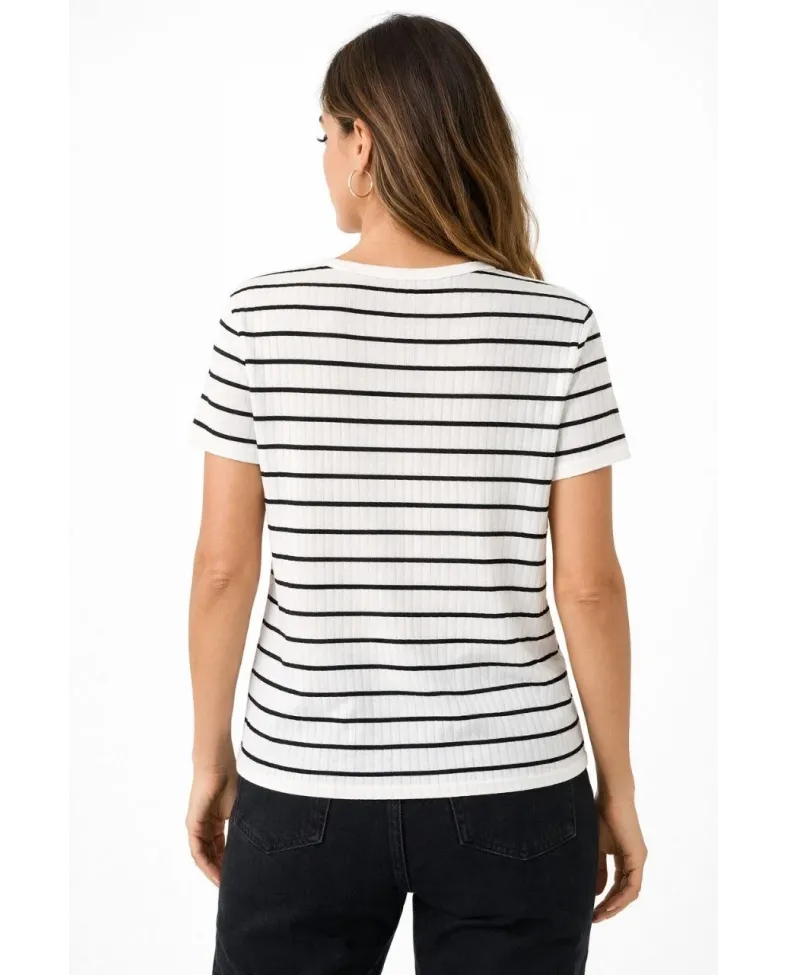 Kadın Çizgili Yazlık Triko T-Shirt Bisiklet Yaka Rahat Kalıp Tişört - Beyaz