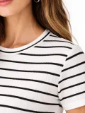 Kadın Çizgili Yazlık Triko T-Shirt Bisiklet Yaka Rahat Kalıp Tişört - Beyaz