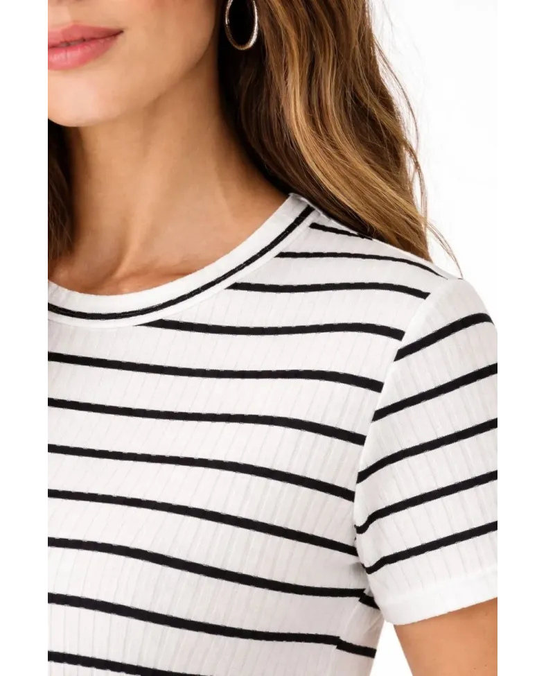 Kadın Çizgili Yazlık Triko T-Shirt Bisiklet Yaka Rahat Kalıp Tişört - Beyaz