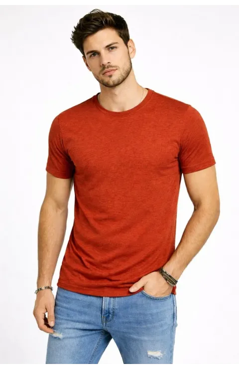 Erkek Flam Kumaş Melanj Dokulu Regular Fit Tişört Bisiklet Yaka Yazlık T-Shirt - Kiremit