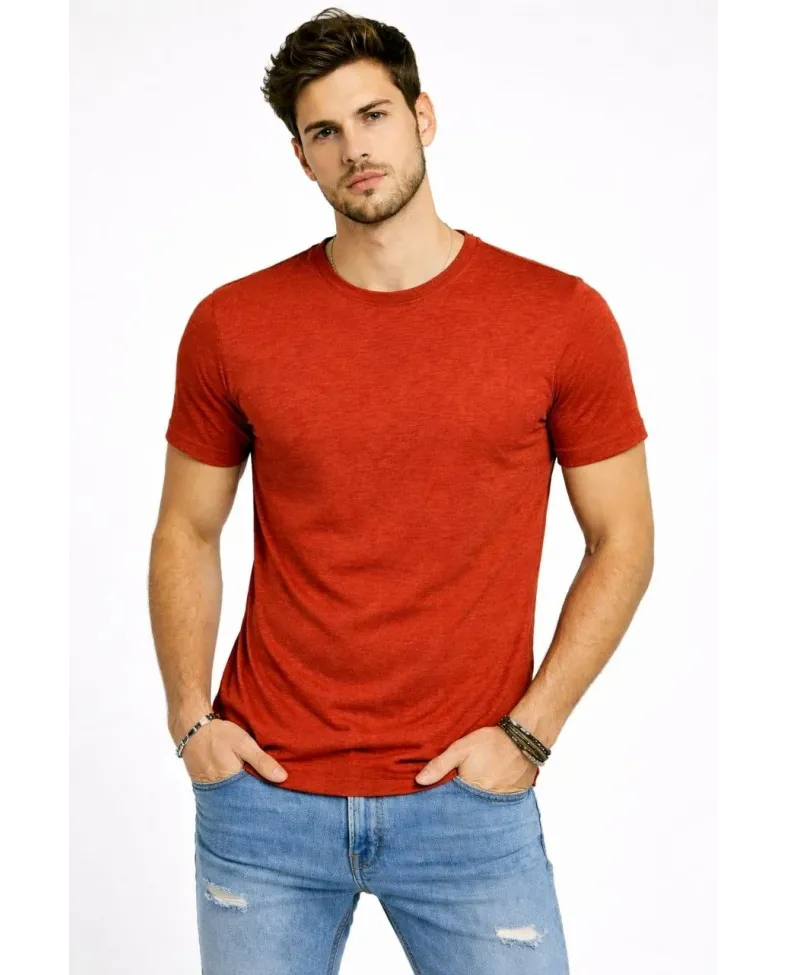 Erkek Flam Kumaş Melanj Dokulu Regular Fit Tişört Bisiklet Yaka Yazlık T-Shirt - Kiremit