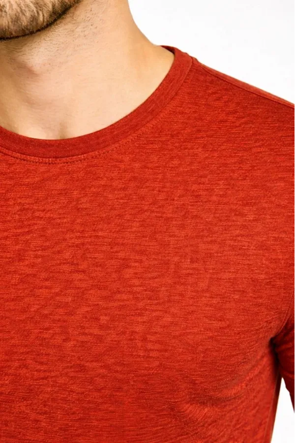 Erkek Flam Kumaş Melanj Dokulu Regular Fit Tişört Bisiklet Yaka Yazlık T-Shirt - Kiremit