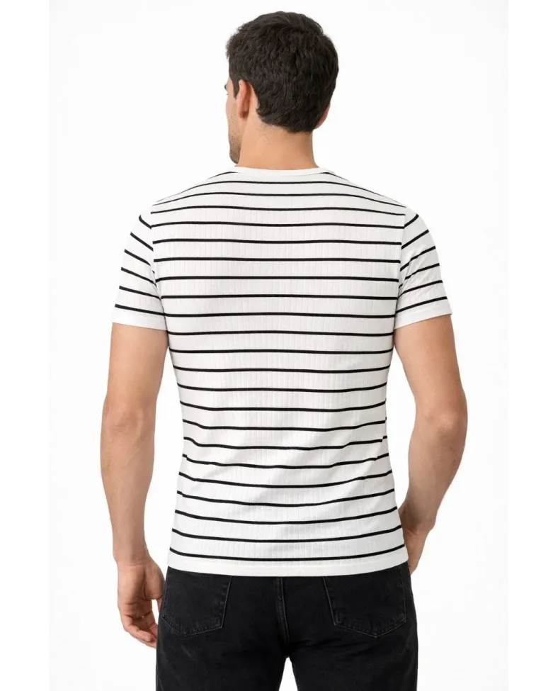 Erkek Çizgili Yazlık Triko T-Shirt Slim Fit Dar Kesim Body Bisiklet Yaka - Beyaz