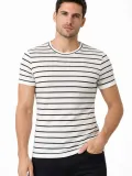 Erkek Çizgili Yazlık Triko T-Shirt Slim Fit Dar Kesim Body Bisiklet Yaka - Beyaz