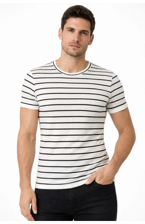 Erkek Çizgili Yazlık Triko T-Shirt Slim Fit Dar Kesim Body Bisiklet Yaka - Beyaz