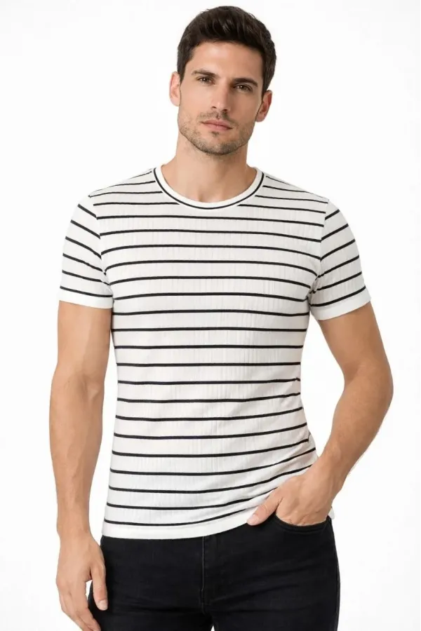 Erkek Çizgili Yazlık Triko T-Shirt Slim Fit Dar Kesim Body Bisiklet Yaka - Beyaz