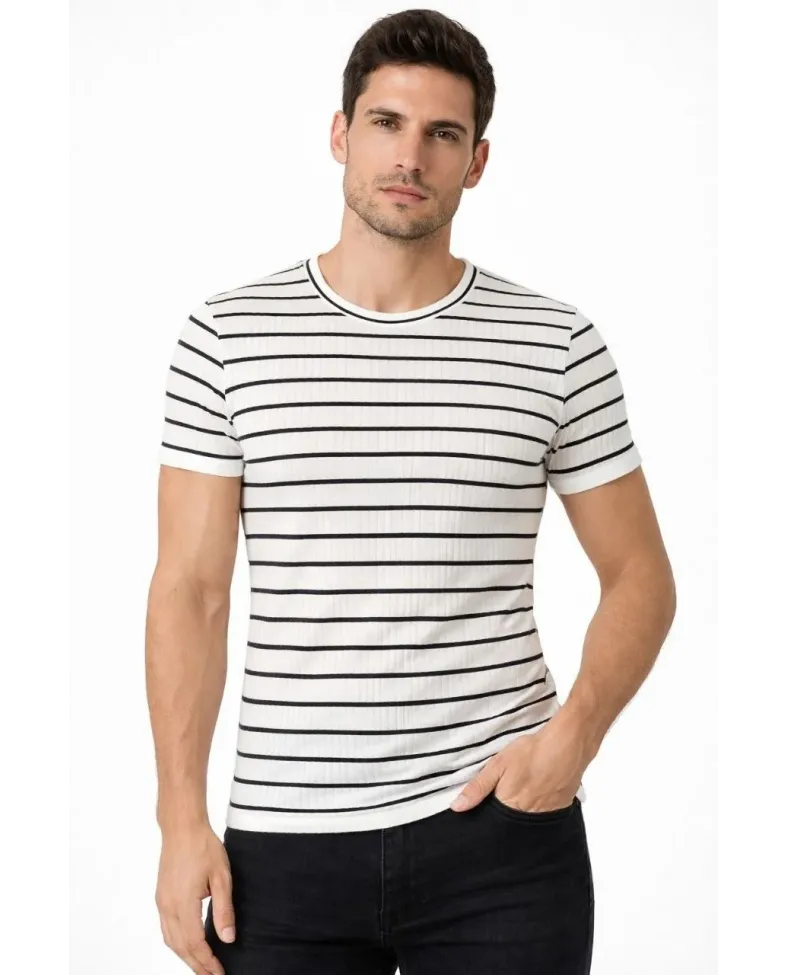 Erkek Çizgili Yazlık Triko T-Shirt Slim Fit Dar Kesim Body Bisiklet Yaka - Beyaz