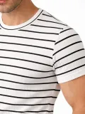 Erkek Çizgili Yazlık Triko T-Shirt Slim Fit Dar Kesim Body Bisiklet Yaka - Beyaz
