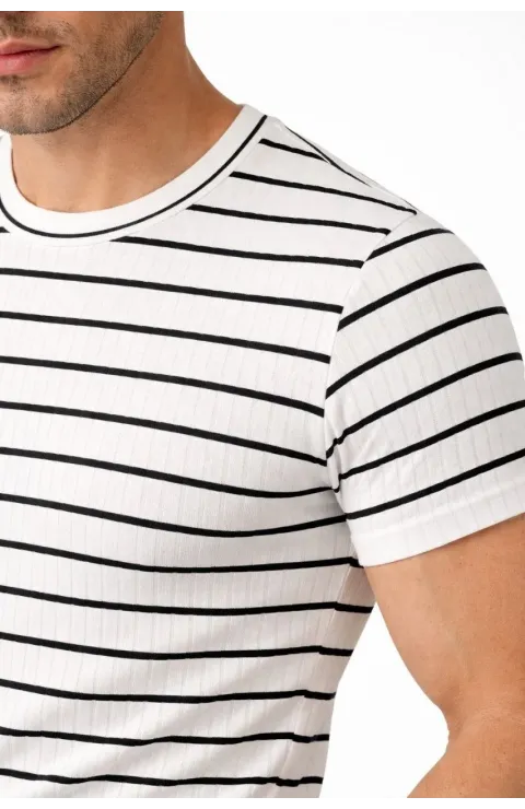 Erkek Çizgili Yazlık Triko T-Shirt Slim Fit Dar Kesim Body Bisiklet Yaka - Beyaz