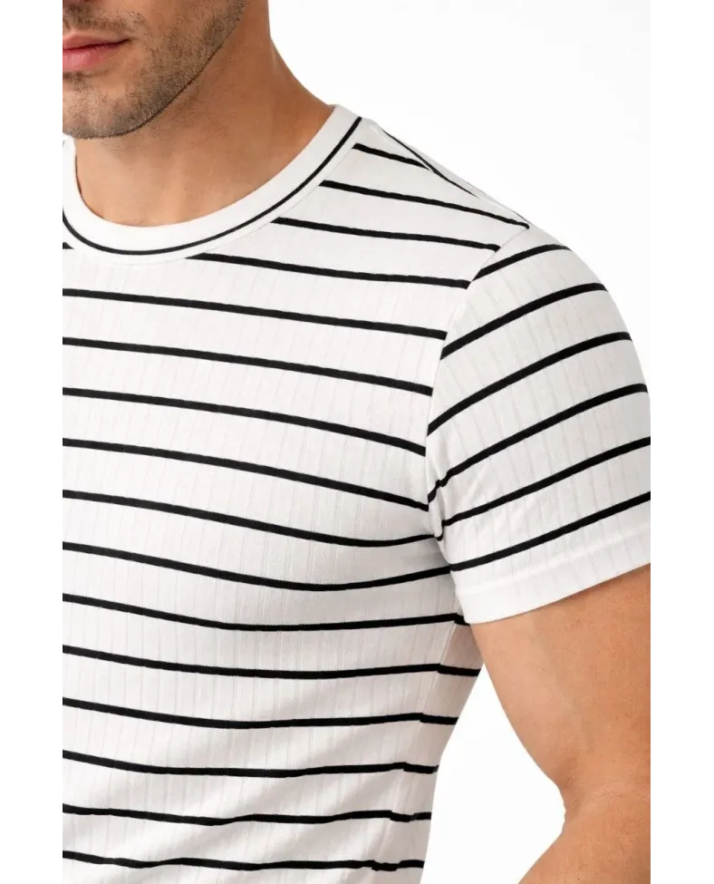 Erkek Çizgili Yazlık Triko T-Shirt Slim Fit Dar Kesim Body Bisiklet Yaka - Beyaz