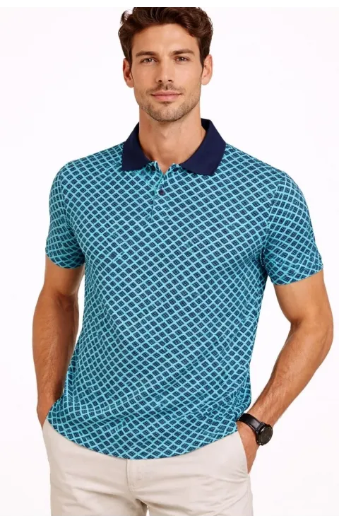 Erkek Pike Kumaş Polo Yaka Desenli Tişört Kısa Kol Yazlık T-Shirt - Turkuaz