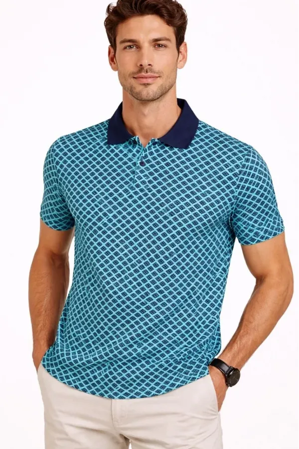 Erkek Pike Kumaş Polo Yaka Desenli Tişört Kısa Kol Yazlık T-Shirt - Turkuaz