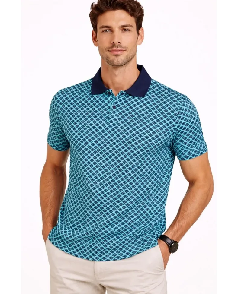 Erkek Pike Kumaş Polo Yaka Desenli Tişört Kısa Kol Yazlık T-Shirt - Turkuaz