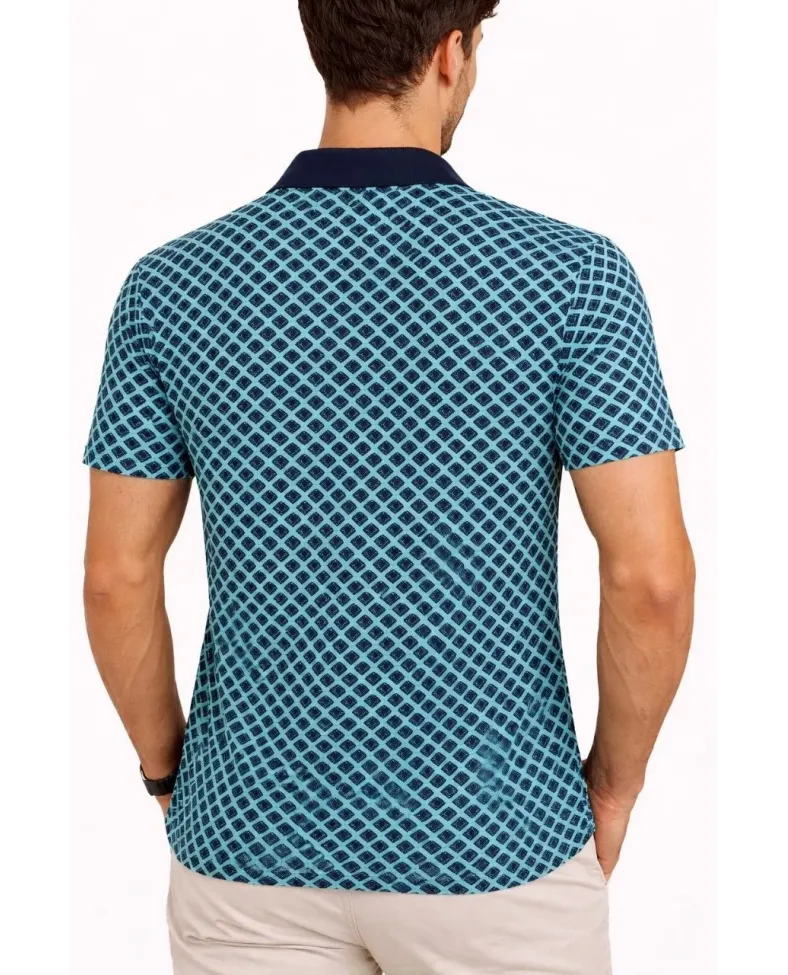 Erkek Pike Kumaş Polo Yaka Desenli Tişört Kısa Kol Yazlık T-Shirt - Turkuaz
