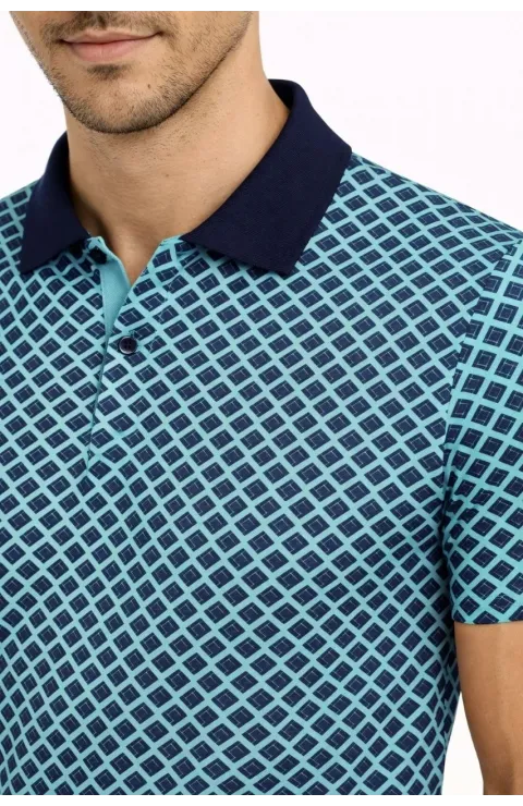 Erkek Pike Kumaş Polo Yaka Desenli Tişört Kısa Kol Yazlık T-Shirt - Turkuaz