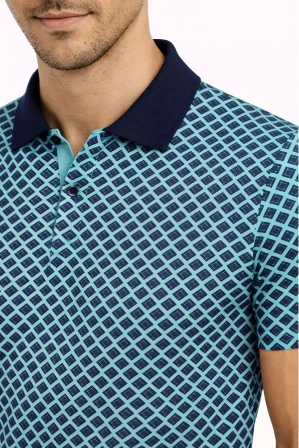 Erkek Pike Kumaş Polo Yaka Desenli Tişört Kısa Kol Yazlık T-Shirt - Turkuaz