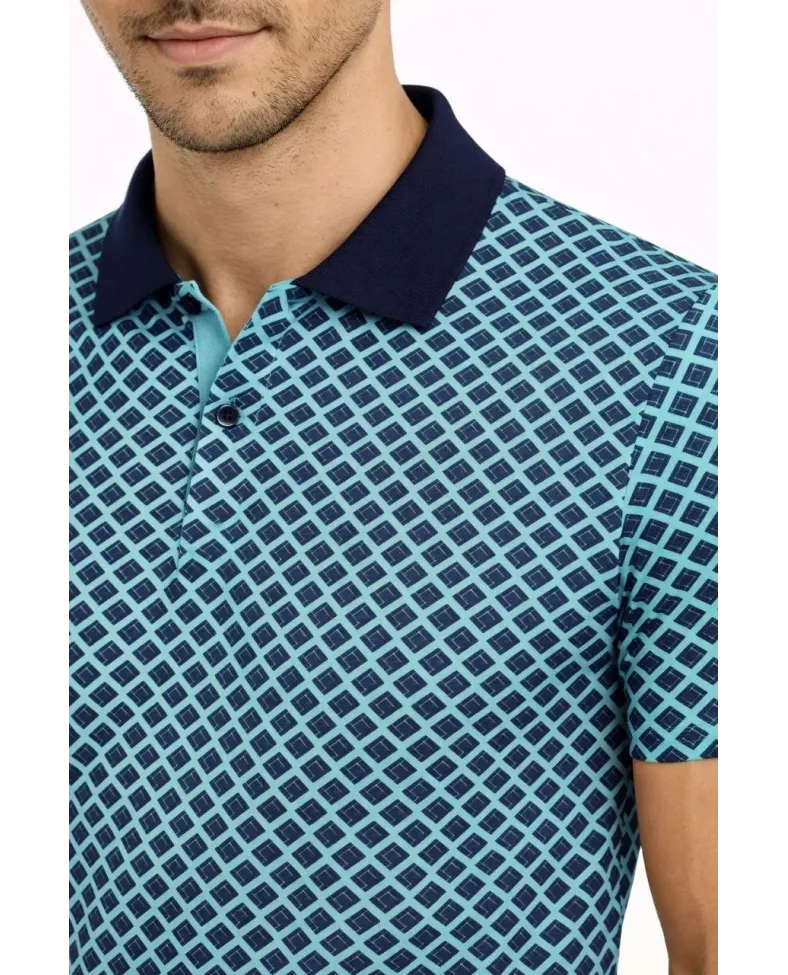 Erkek Pike Kumaş Polo Yaka Desenli Tişört Kısa Kol Yazlık T-Shirt - Turkuaz
