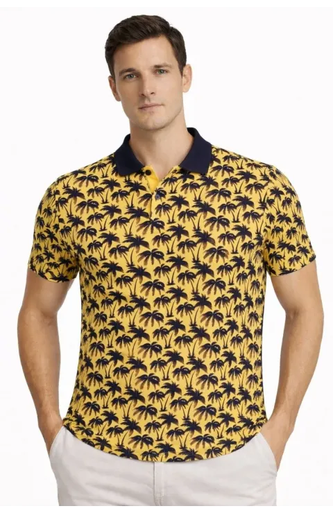 Erkek Pike Kumaş Polo Yaka Palmiye Desenli Tişört Kısa Kol Yazlık T-Shirt - Sarı