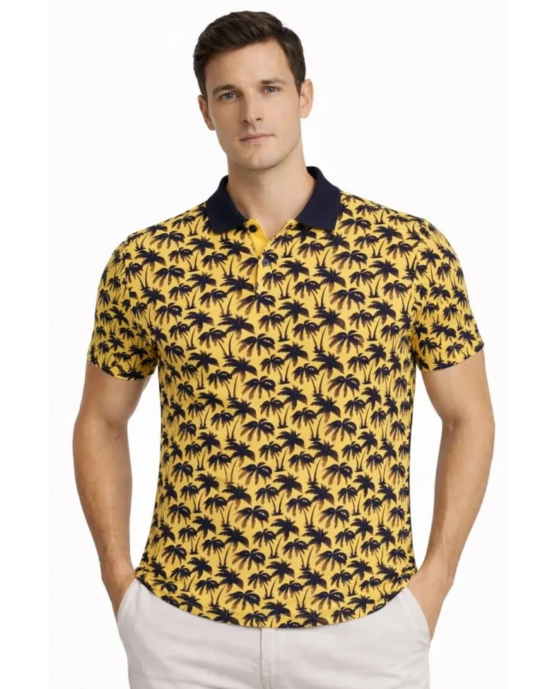 Erkek Pike Kumaş Polo Yaka Palmiye Desenli Tişört Kısa Kol Yazlık T-Shirt - Sarı