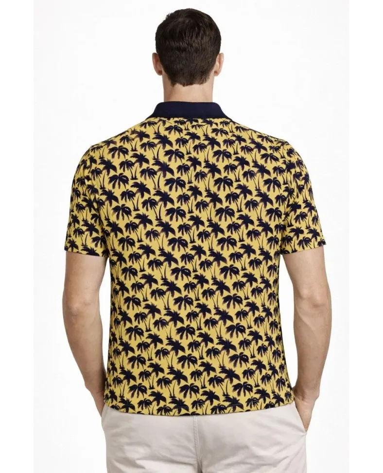 Erkek Pike Kumaş Polo Yaka Palmiye Desenli Tişört Kısa Kol Yazlık T-Shirt - Sarı