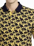 Erkek Pike Kumaş Polo Yaka Palmiye Desenli Tişört Kısa Kol Yazlık T-Shirt - Sarı