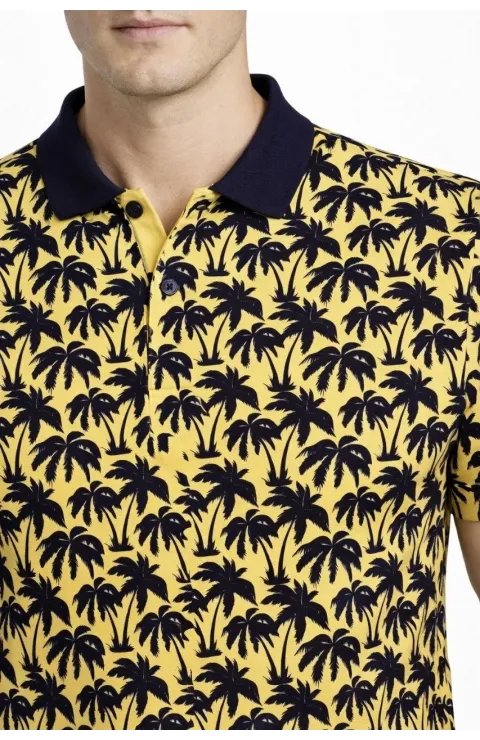 Erkek Pike Kumaş Polo Yaka Palmiye Desenli Tişört Kısa Kol Yazlık T-Shirt - Sarı