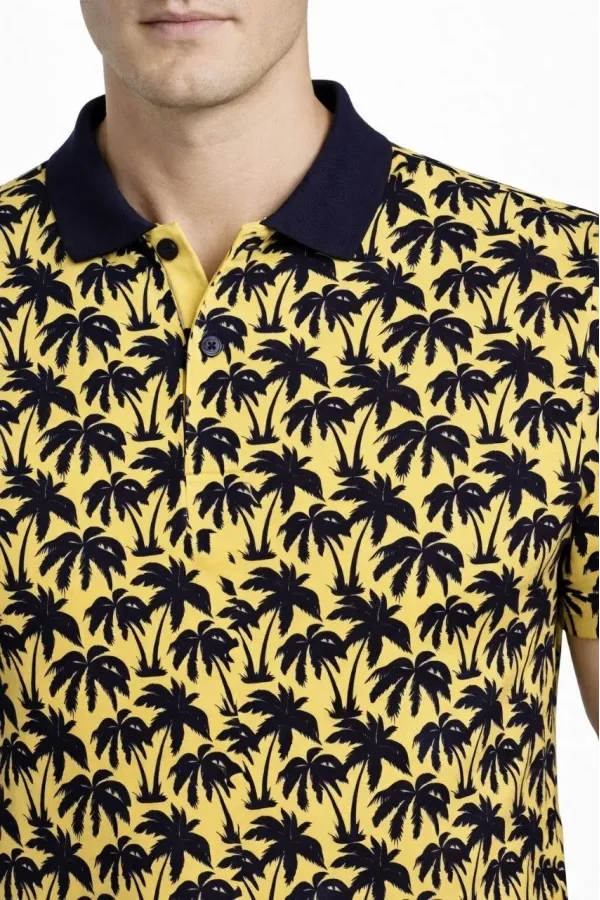 Erkek Pike Kumaş Polo Yaka Palmiye Desenli Tişört Kısa Kol Yazlık T-Shirt - Sarı