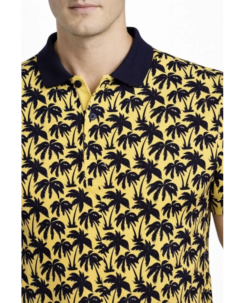 Erkek Pike Kumaş Polo Yaka Palmiye Desenli Tişört Kısa Kol Yazlık T-Shirt - Sarı