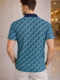 Erkek Pike Kumaş Polo Yaka Palmiye Desenli Tişört Kısa Kol Yazlık T-Shirt - Turkuaz