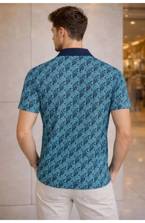 Erkek Pike Kumaş Polo Yaka Palmiye Desenli Tişört Kısa Kol Yazlık T-Shirt - Turkuaz