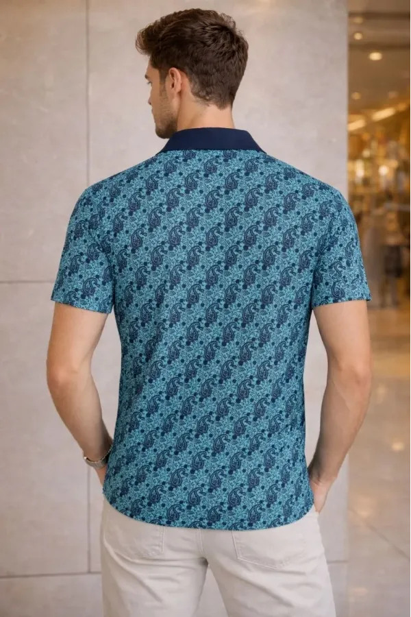 Erkek Pike Kumaş Polo Yaka Palmiye Desenli Tişört Kısa Kol Yazlık T-Shirt - Turkuaz