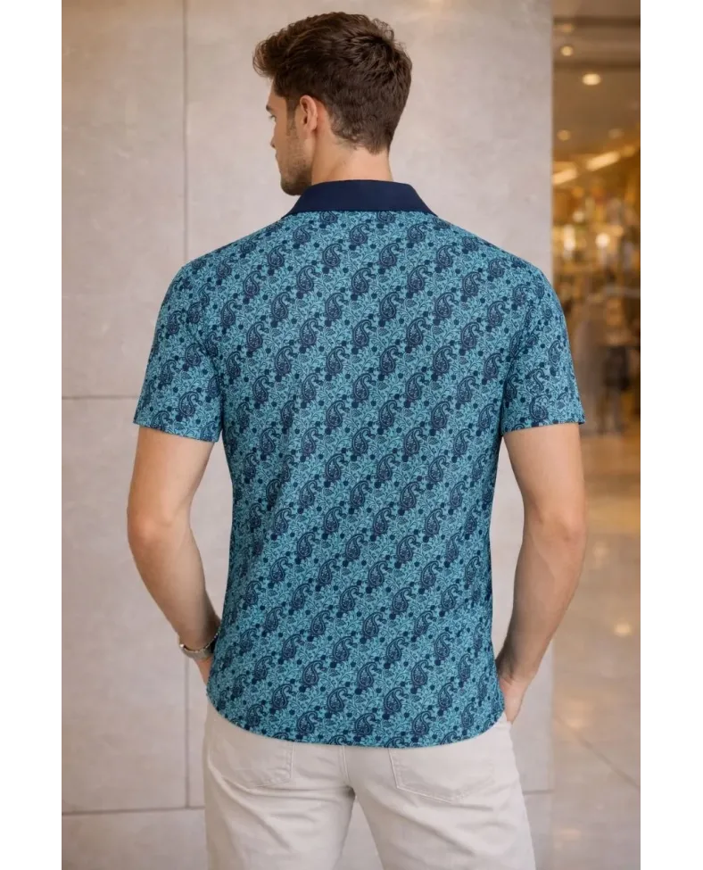 Erkek Pike Kumaş Polo Yaka Palmiye Desenli Tişört Kısa Kol Yazlık T-Shirt - Turkuaz