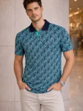 Erkek Pike Kumaş Polo Yaka Palmiye Desenli Tişört Kısa Kol Yazlık T-Shirt - Turkuaz