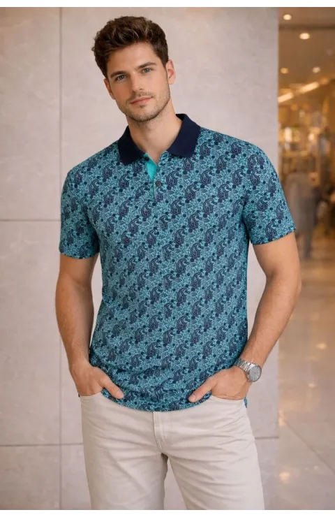 Erkek Pike Kumaş Polo Yaka Palmiye Desenli Tişört Kısa Kol Yazlık T-Shirt - Turkuaz