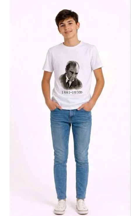 Erkek Çocuk Atatürk Baskılı Tişört Kısa Kollu Bisiklet Yaka T-Shirt - Beyaz